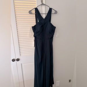 Navy Azazie Floor Length Highneck Crisscross Dress